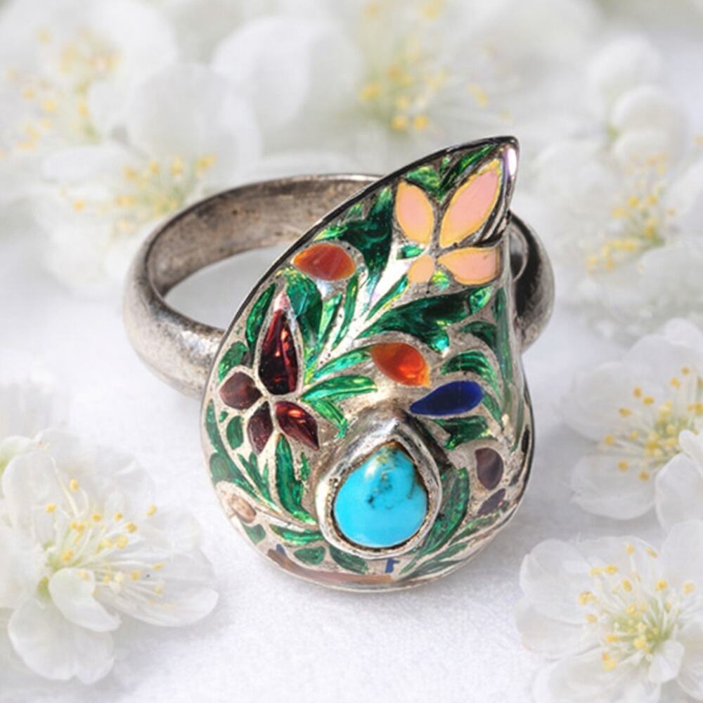 Sterling Silver Turquoise Teardrop Ring Multicolor Cloisonné Enamel Floral 5.5